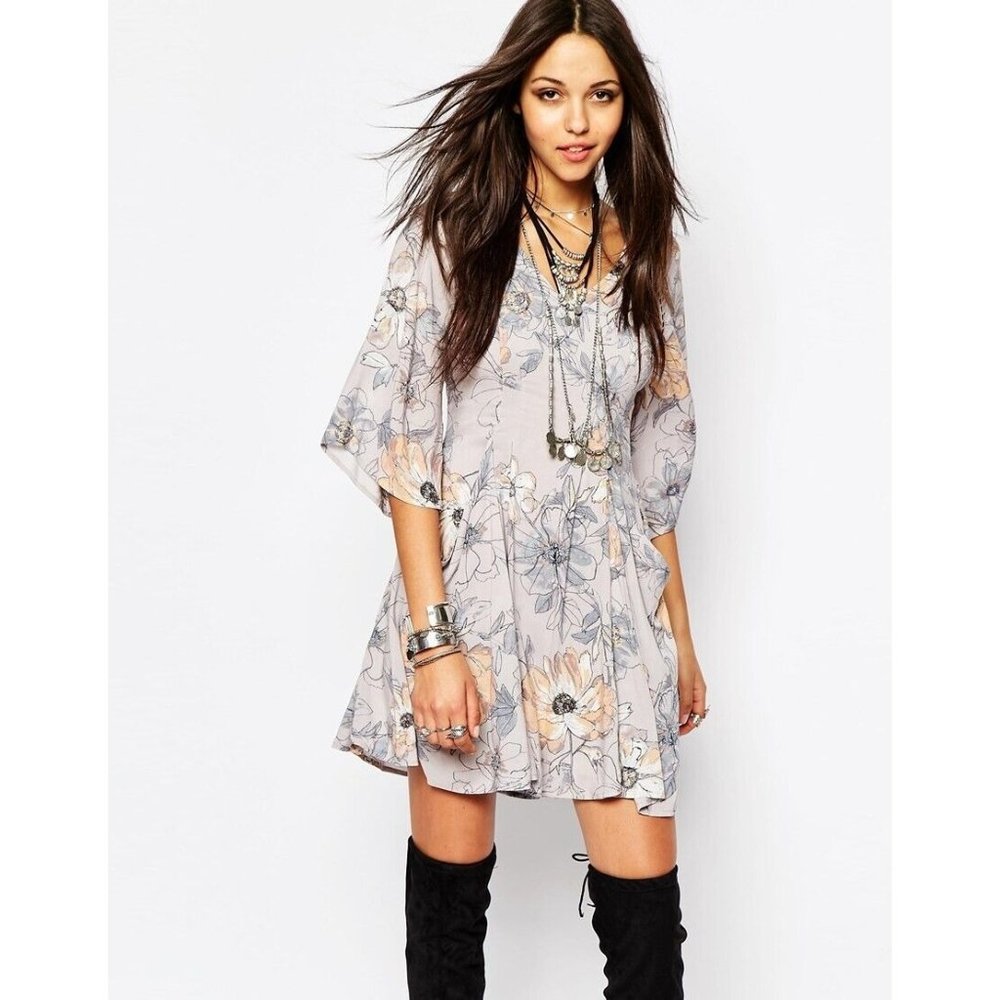 Free People Womens Eyes on You Mini Dress 6 Purple Floral Pockets Boho Festival